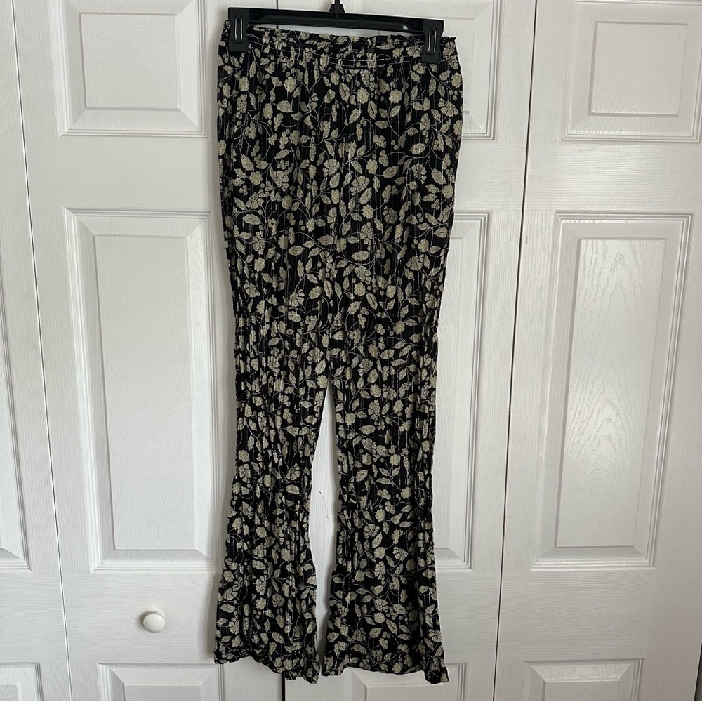 Zara Metallic Striped Floral Wide Leg Semi Sheer Pants Sz S Boho Festival Hippie